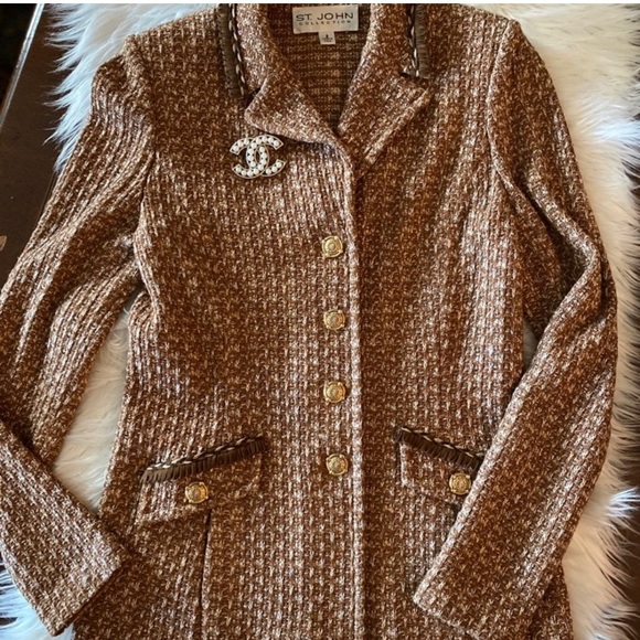 St John Couture Brown Tweed Knit Jacket & Pants Suit 2 Piece Set size 2 Mint - Picture 2 of 4